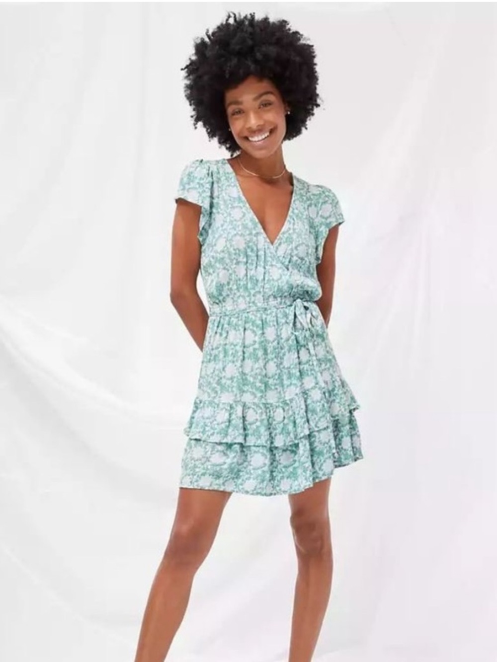American Eagle Floral Tiered Mini Dress - Sage Green/White - Size Medium